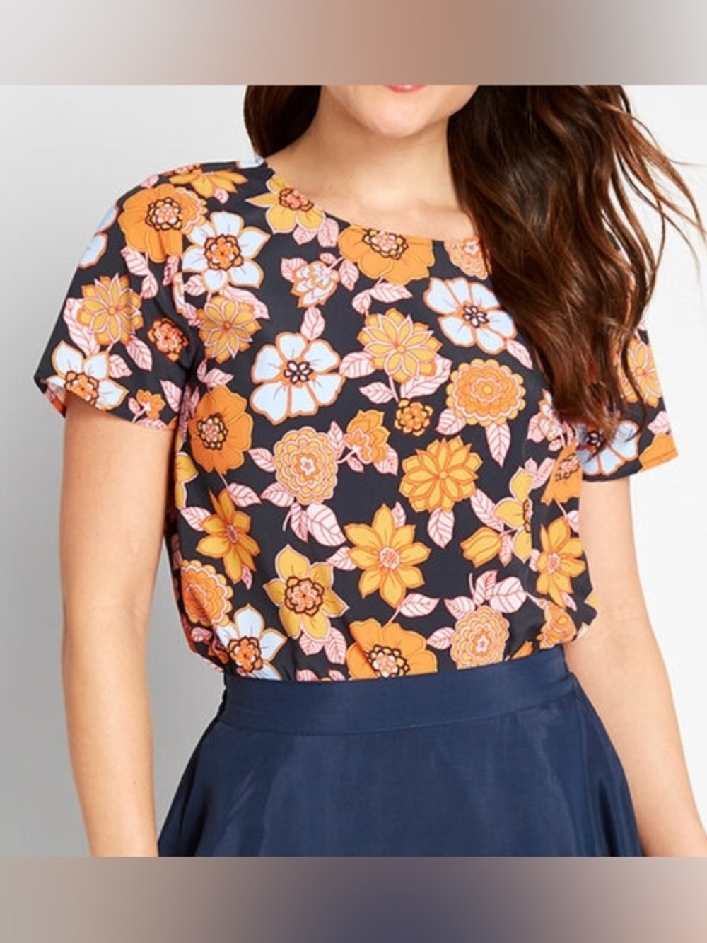 Modcloth 2X Orange Black Blue Retro Floral Short Sleeve Top